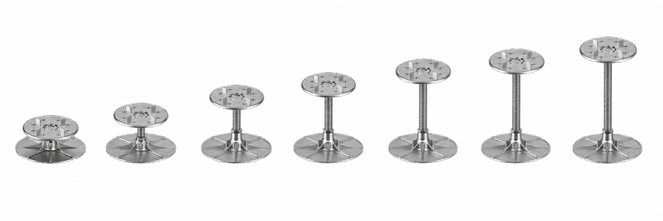 Seven metal SMART-PED-style supports shown in order from shortest to tallest
