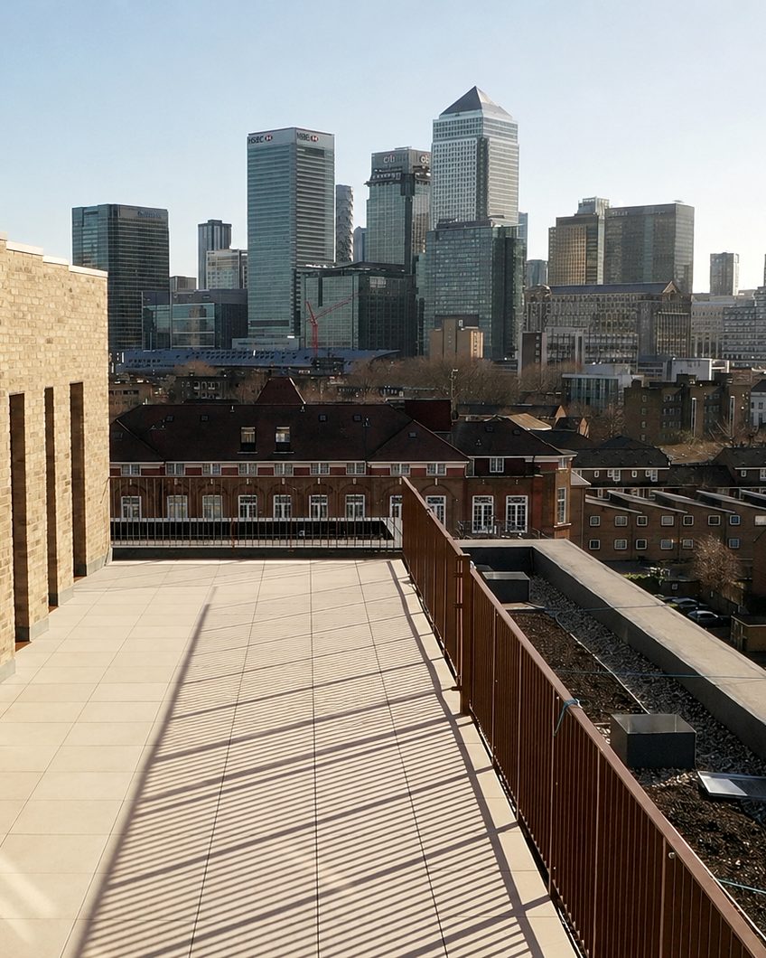 A porcelain roof terrace beside a brick facade, looking across a steel balustrade to the Canary Wharf skyline in low winter sun