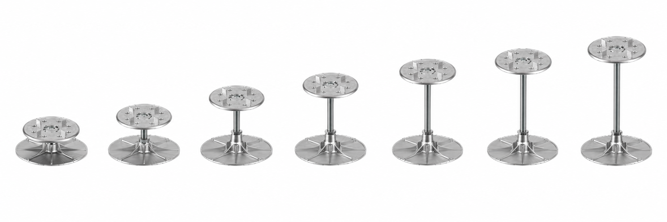 Seven metal SMART-PED-style supports shown in order from shortest to tallest