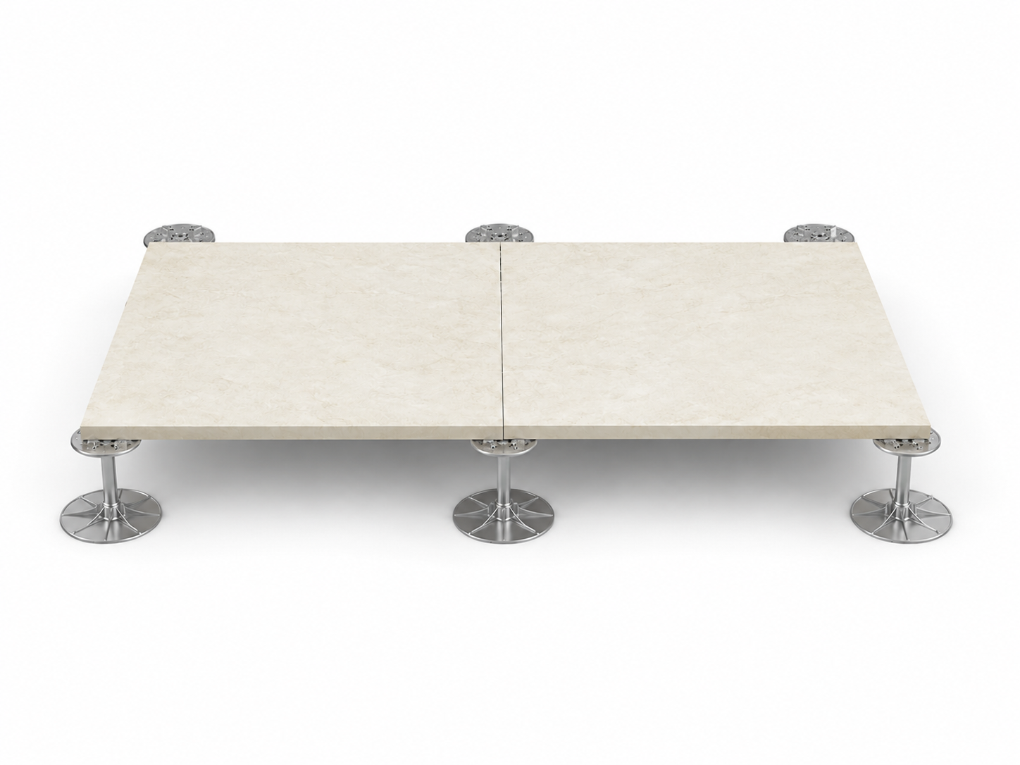 Two level porcelain slabs supported from beneath by round metal SMART-PED-style pedestals