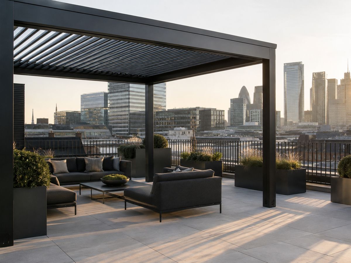 Illustration of a black aluminium louvre pergola on a roof terrace