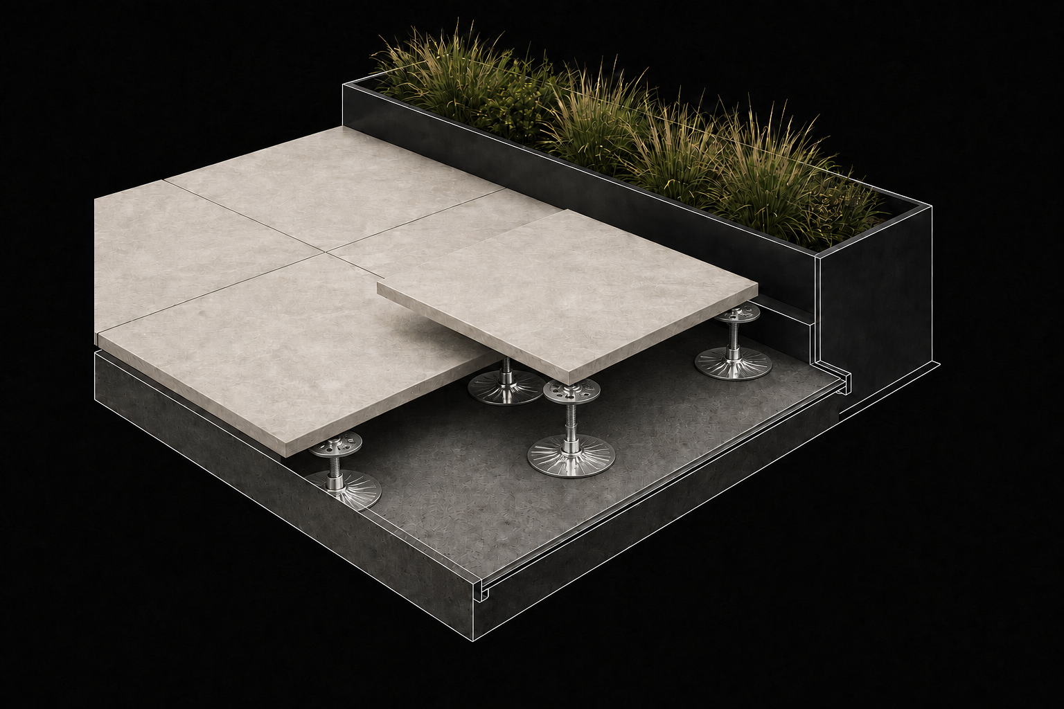 Conceptual architectural illustration of raised porcelain paving, exposed supports matched to the supplied SMART-PED reference and the edge of a planter