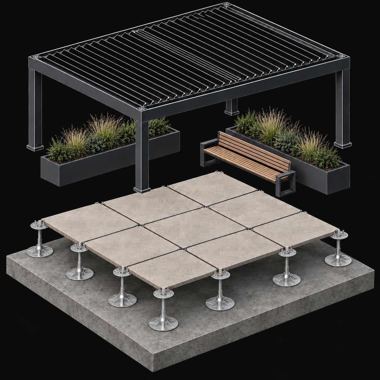 Exploded terrace scene showing all five systems, with supports matched to the supplied SMART-PED reference